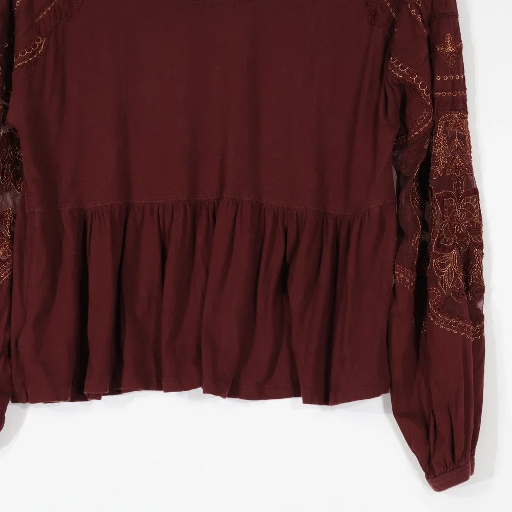 Free People Embroidered Mesh Sleeve Top Women Small Maroon Boho Babydoll